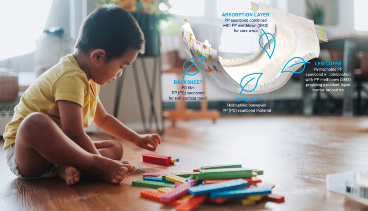 Nonwoven material for diapers produced by PFNonwovens contains renewably-sourced and ISCC PLUS mass balance certified polypropylene from the Borealis’ Bornewables portfolio of circular polyolefins.